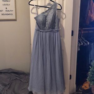Dusty blue Azazie bridesmaid dress